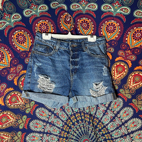 Button Fly Distressed Denim Shorts - Picture 1 of 4